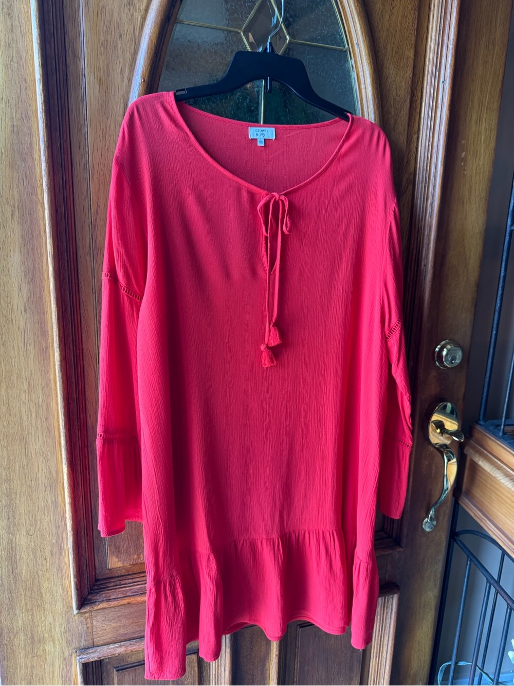 Size Large Crown and Ivy Bright Red Tie-Neck Peasant Tunic Cover-up